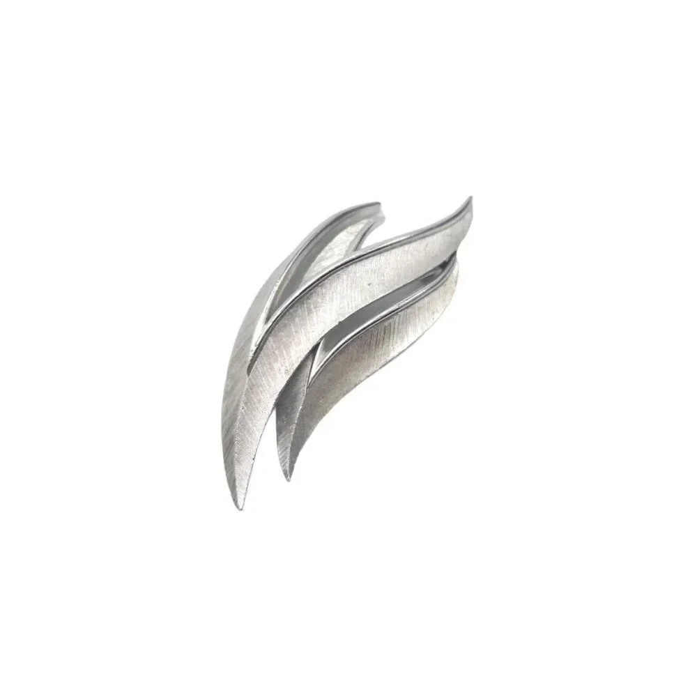 Trifari Modernist Textured Locust Leaf Brooch Pin Silver Tone Vintage